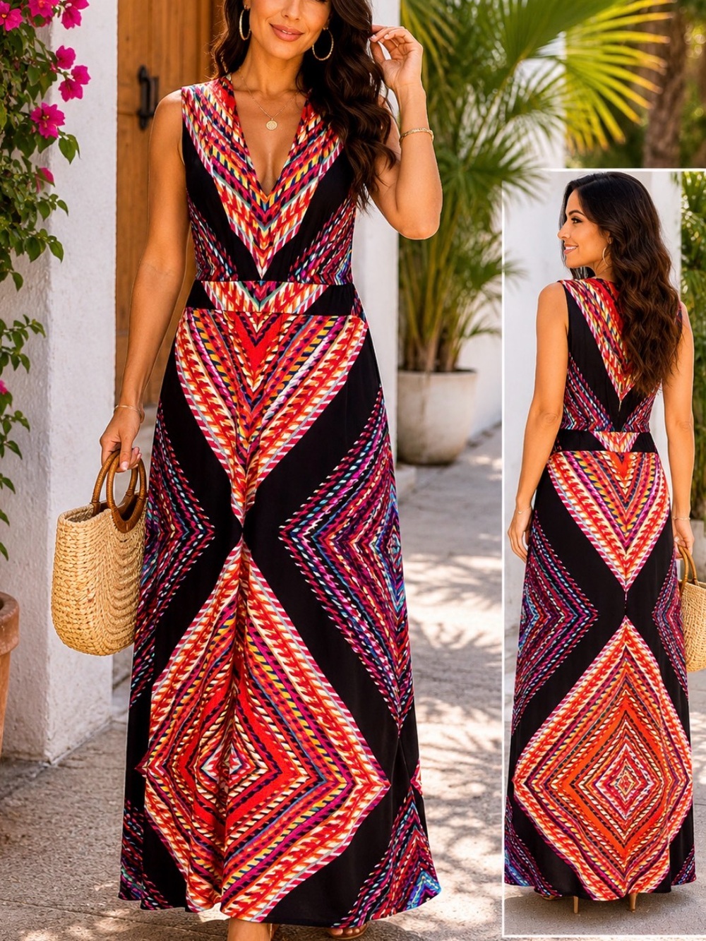 Chico’s Multicolor Geometric Maxi Dress Size 2 (Large)